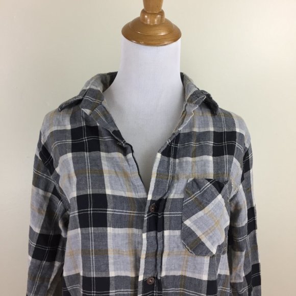 CURRENT ELLIOTT Gray Black Taupe Plaid High Low Hem Flannel Oversized Shirt - Picture 6 of 11